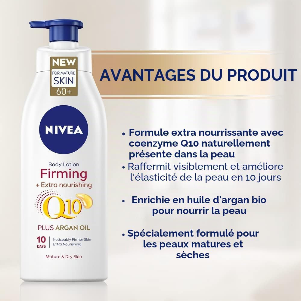 Q10 60+ Lotion Corporelle Pour Peaux Matures (400 Ml), Crème Raffermissante Nourrissante Avec Q10 Et Huile D'Argan, Crème Hydratante  72H Pour Peaux Vieillissantes Et Matures