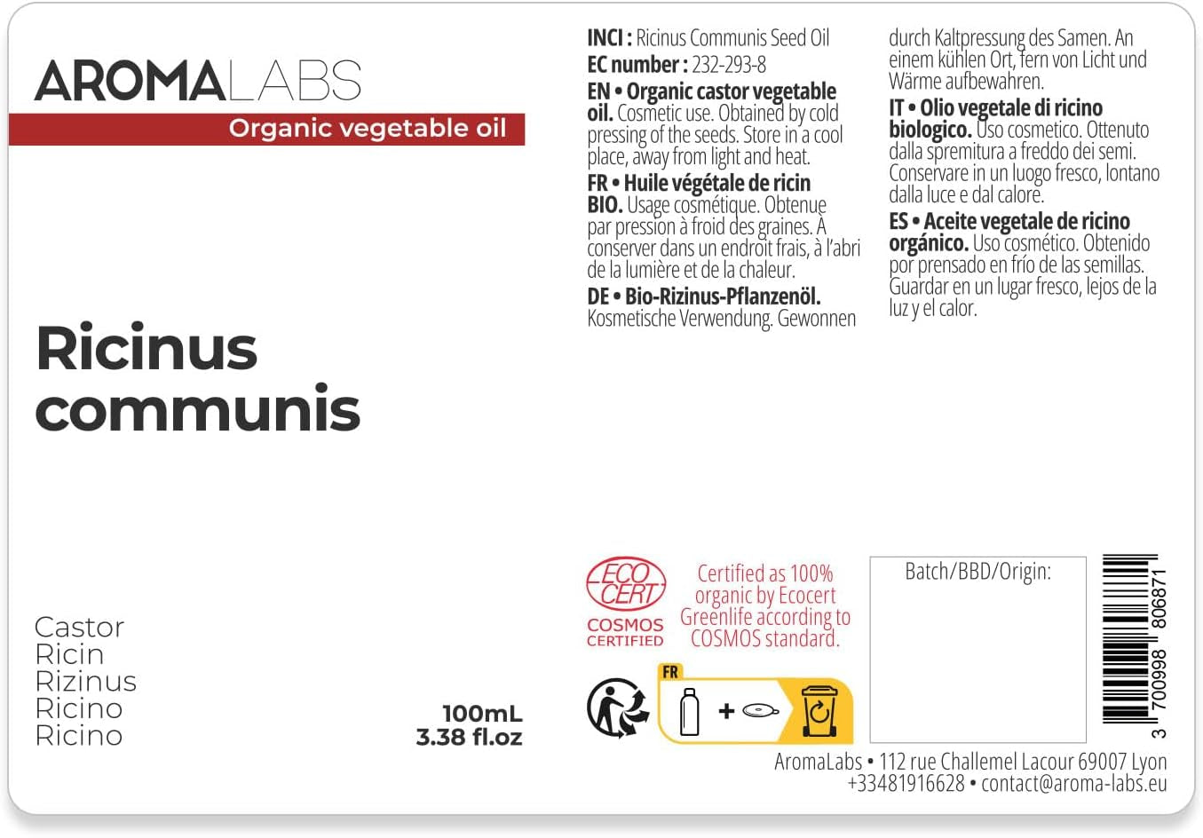 Ricin BIO (Ricinus Communis) - 100 Ml - Huile Végétale Vierge Et Certifiée Cosmos -  - Made in France