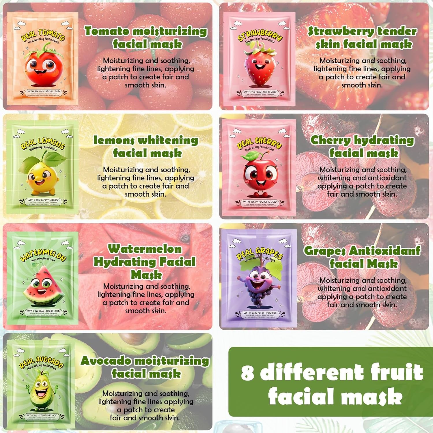 Masque Visage Au Fruit, Beauté De Masque Visage Tissu Hydratant, Coréen Masque De Réparation De La Peau, Vegan Masque De Visage Biologique, Hydratation Profonde, 7 Pieases