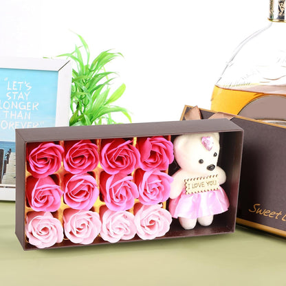 Savon De Bain Parfumé Floral Pétales De Fleurs De Rose, Ours En Peluche, Coffret Cadeau Fleur De Savon Pour Cadeau Romantique De La Saint-Valentin(Dégradé Poudre)