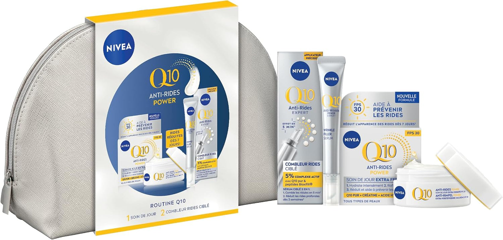 Q10 Trousse anti Rides Power (1Pce), Trousse De Toilette Combleur De Rides & Soin De Jour FPS30, Routine Visage anti Rides, Coffret Cadeau Crème Hydratante Visage Q10 Pur & Acide Hyaluronique