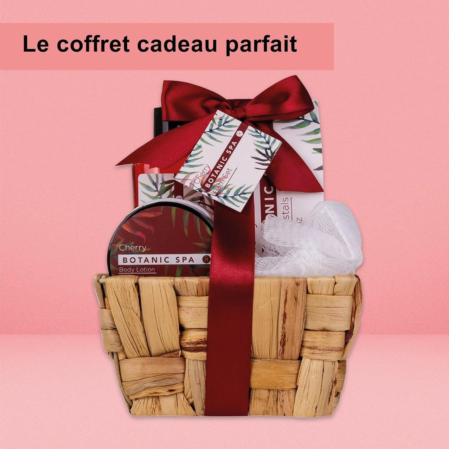 - Set De Bain Pour Femme CHERRY SPA Dans Un Panier - Set De Soins 4 Pièces Avec Gel Douche, Sel De Bain & Lotion Pour Le Corps - Cadeau Bien-Être Anniversaire Ou Saint-Valentin | 150 Ml De Gel Douche, 60 Ml De Lotion Pour Le Corps, 150 G De Sel De Bain, Éponge En Maille De 10 G, Panier En Jonc De Mer