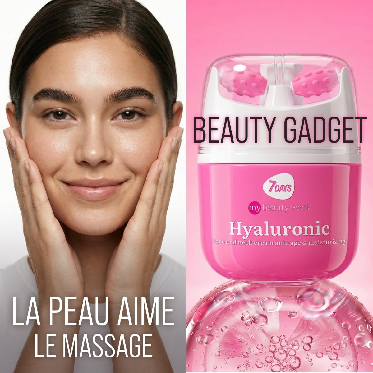 Crème Coréenne Anti-Âge Visage & Cou, L'Acide Hyaluronique, 40 Ml | Avec Vitamine C, Rouleau De Massage, Gel Hydratant, Effet Liftant, Peau Repulpée, Double Menton
