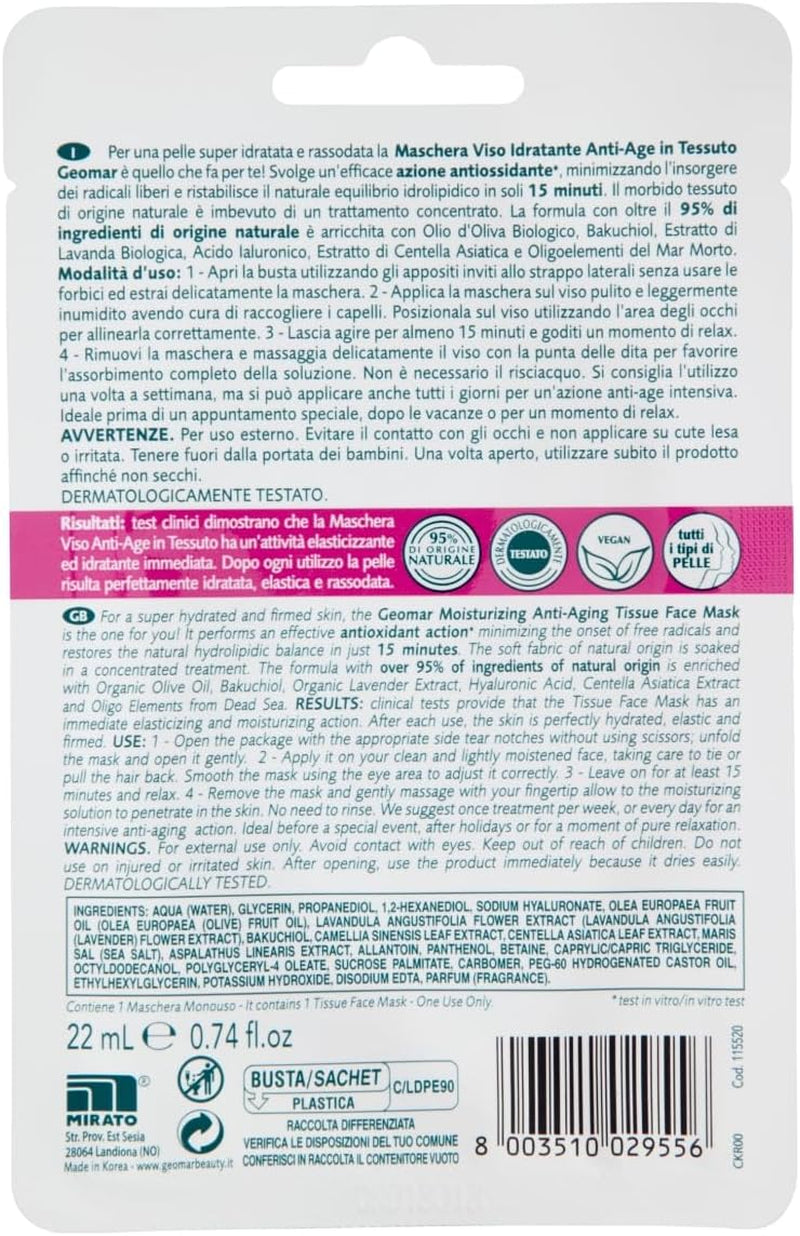| Masque En Tissu, Hydratant Anti-Âge, 95% D’Origine Naturelle, Testé Dermatologiquement, Formule Végan, 24 X 22 Ml