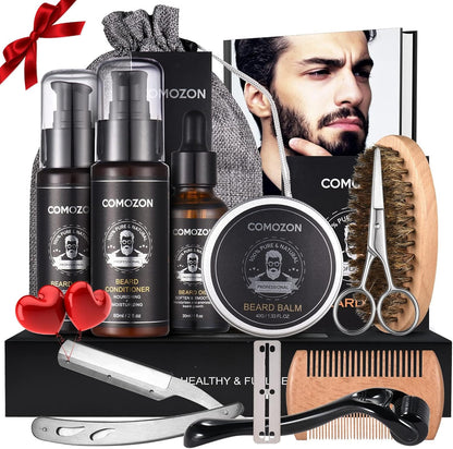 Kit Barbe Homme Complet 12 En 1, Rasoir, Rouleau Barbe, Lames Barbe | Kit De Soin Complet Contenir Huile Barbe, Shampoing Barbe, Crèmes De Barbe, Peigne, Brosse, Ciseaux, Idée Cadeau Pour Homme