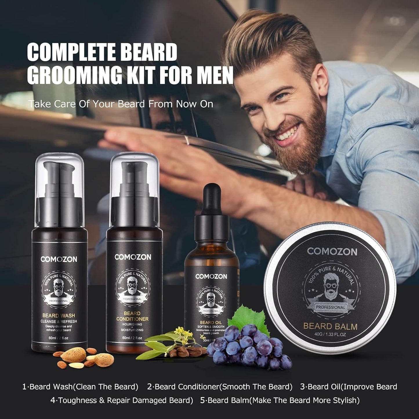 Kit Barbe Homme Complet 12 En 1, Rasoir, Rouleau Barbe, Lames Barbe | Kit De Soin Complet Contenir Huile Barbe, Shampoing Barbe, Crèmes De Barbe, Peigne, Brosse, Ciseaux, Idée Cadeau Pour Homme