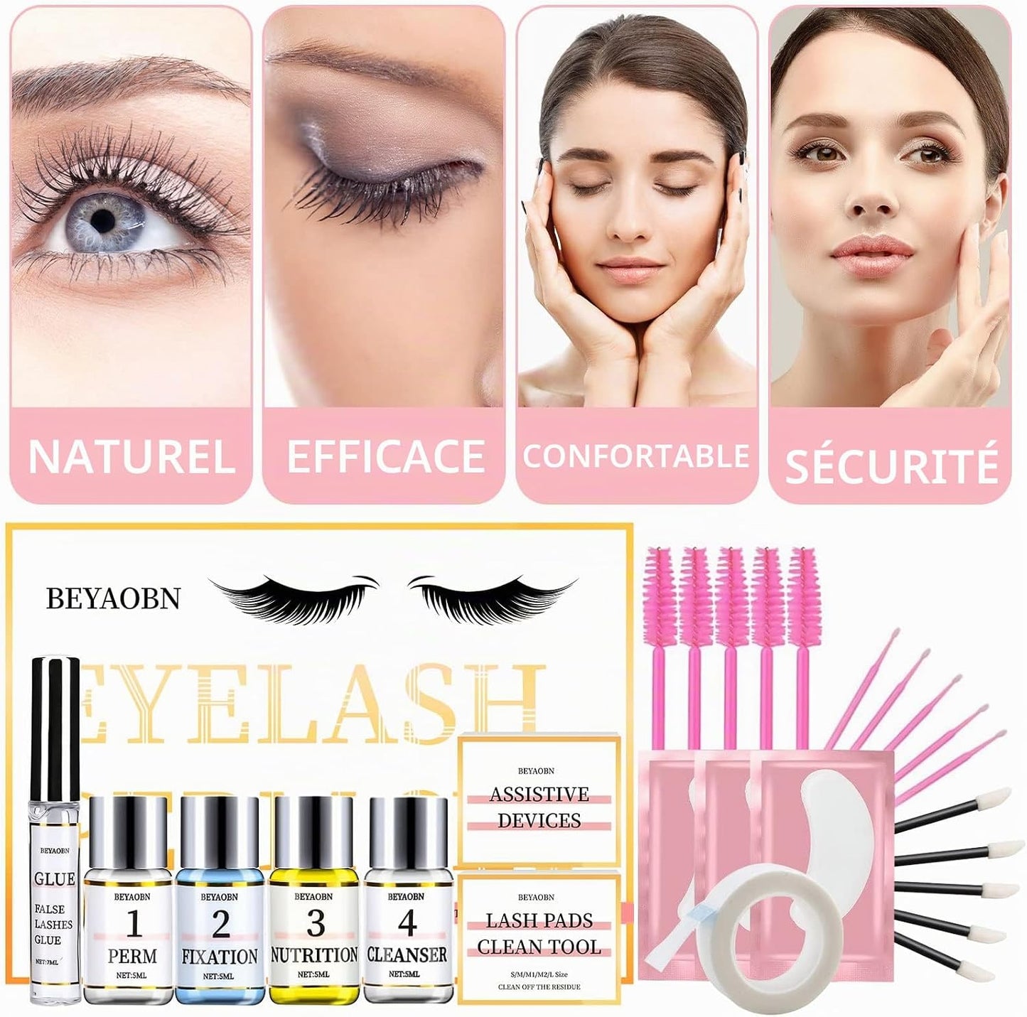 Kit De Levage De Cils Semi-Permanent, Comprend Des Coussinets En Silicone, Un Liquide De Nettoyage, Des Outils De Maquillage Naturels Pour Les Yeux Courbés, Pour Salon De Bricolage, Fêtes, 5