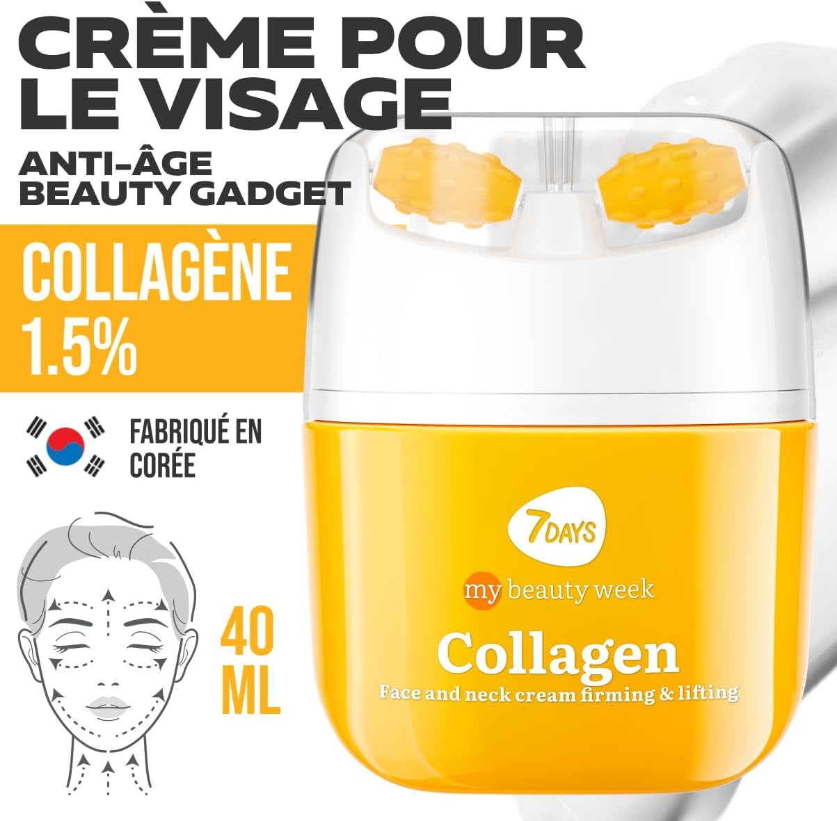 Crème Coréenne Anti-Âge Visage & Cou, Collagène, 40 Ml | Rouleau De Massage, Effet Liftant, Fermeté Et Élasticité, Action Lissante Et Repulpante, Double Menton