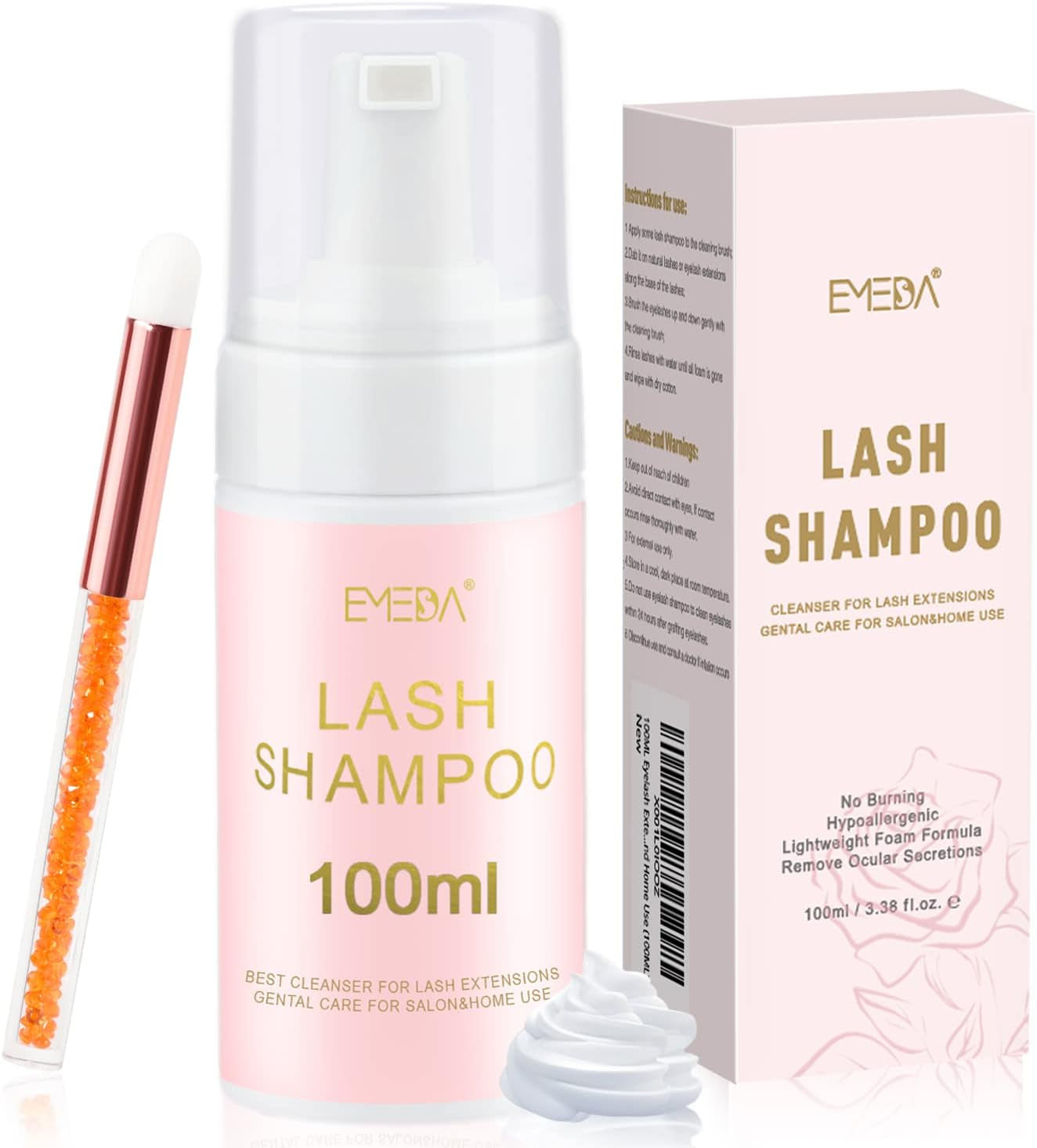Shampoing Pour Extensions De Cils Avec Brosse - 100 Ml - Mousse Nettoyante Pour Extensions Et Cils En Grappe - Sans Paraben Et Sans Huile - Utilisation En Salon À Domicile