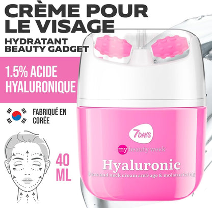 Crème Coréenne Anti-Âge Visage & Cou, L'Acide Hyaluronique, 40 Ml | Avec Vitamine C, Rouleau De Massage, Gel Hydratant, Effet Liftant, Peau Repulpée, Double Menton