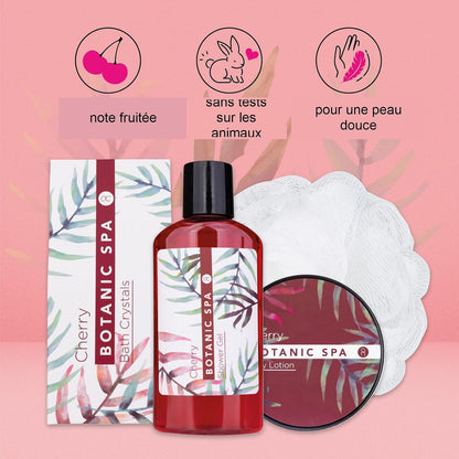 - Set De Bain Pour Femme CHERRY SPA Dans Un Panier - Set De Soins 4 Pièces Avec Gel Douche, Sel De Bain & Lotion Pour Le Corps - Cadeau Bien-Être Anniversaire Ou Saint-Valentin | 150 Ml De Gel Douche, 60 Ml De Lotion Pour Le Corps, 150 G De Sel De Bain, Éponge En Maille De 10 G, Panier En Jonc De Mer