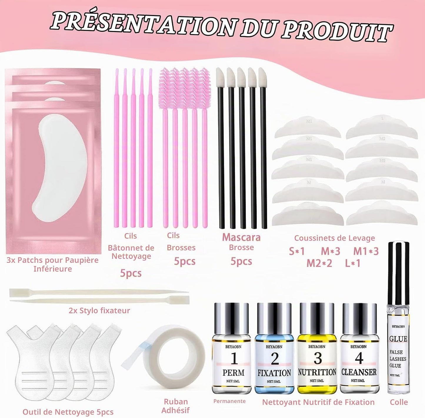 Kit De Levage De Cils Semi-Permanent, Comprend Des Coussinets En Silicone, Un Liquide De Nettoyage, Des Outils De Maquillage Naturels Pour Les Yeux Courbés, Pour Salon De Bricolage, Fêtes, 5
