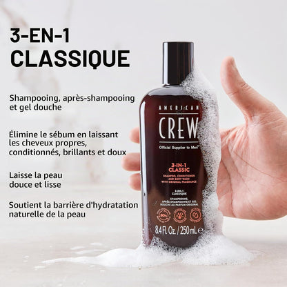 American Crew Shampoing 3 En 1 Corps Et Cheveux Original 1L | Shampooing, Après-Shampoing Et Gel Douche En Un Seul Geste, Revitalise, Hydrate Et Apaise Cheveux Et Corps.