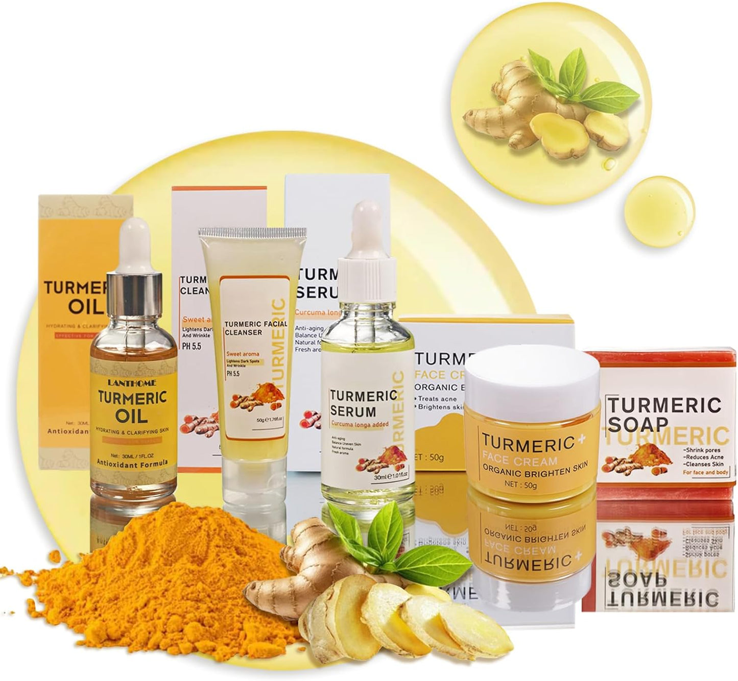 Soins Pour Le Visage À La Curcuma, 5 Produits Skincare Coffret Beauté Femme Avec Nettoyant, Huile De Curcuma, Serum Hydratant Visage, Creme Visage, Savon Au Curcuma, Coffret Cadeau Femme