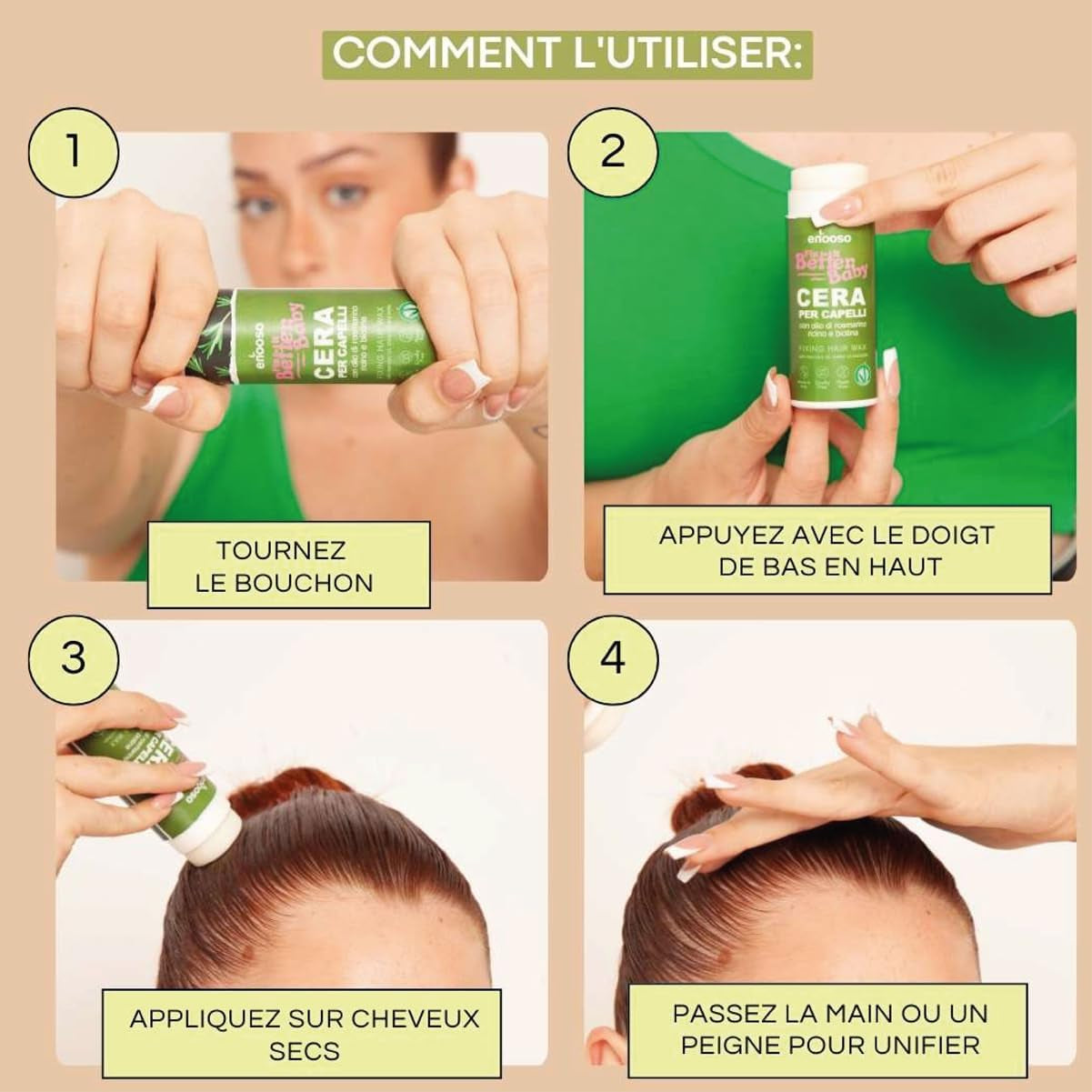 Cire Cheveux Femme Pour Plaquage Avec Biotine Et Huile De Romarin, Anti-Frisottis, Stick Enfant, Wax 100% Naturel Et Végétalien, Certifié, 75Gr